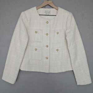 Rachel Zoe Blazer Womens L White Tweed Collarless Gold Button Lined Jacket
